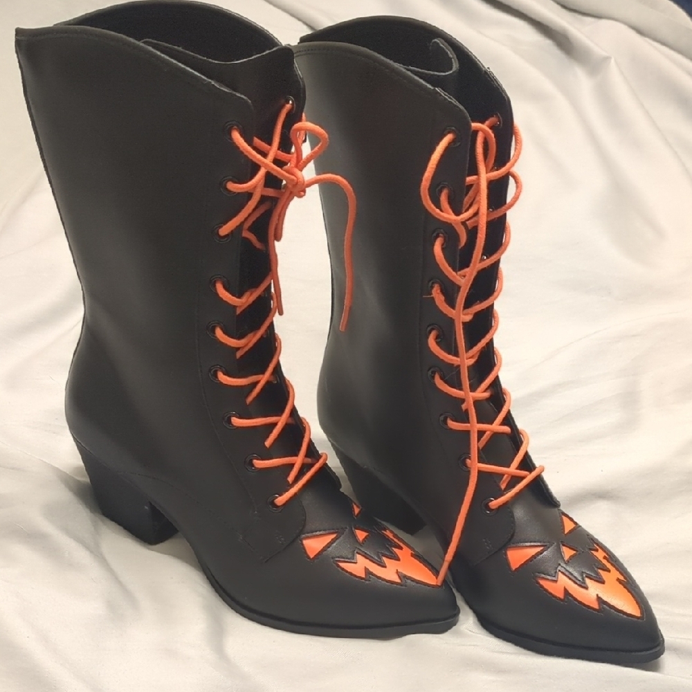 Halloween Black and Orange Scary Jack O' Lantern Lace-Up Boots - Picture 6 of 10